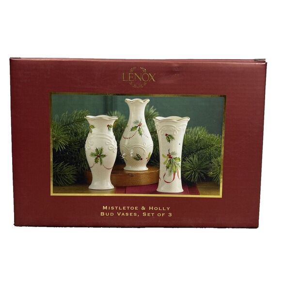 Lenox Mistletoe and Holly Bud Vases Set of 3 New in Open Box Christmas Holiday - Picture 1 of 4